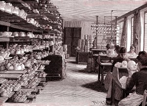 Fábrica de bonecas, secagem de cabeças de bonecas de porcelana antes da cozedura, de "La Nature"