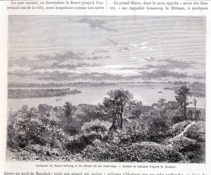 Confluência do Rio Mekong e do Canal do Lago Touli - bofetada. Desenho de Sabatier de acordo com o Sr. Mouhot. "Tour du monde"