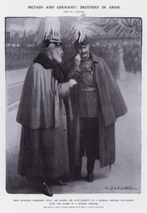 Rei Eduardo VII vestido como Coronel dos Dragões Prussianos e Kaiser Wilhelm II vestido como Marechal de Campo Britânico (litho) de Louis Remy Sabattier