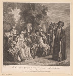 Doloride pede a Dom Quixote que se vingue por ela La Doloride affligée de sa barbe vient prier Don Quichotte de la venger (título no objeto) História de Dom Quixote de La Mancha (título da série) de Louis Surugue