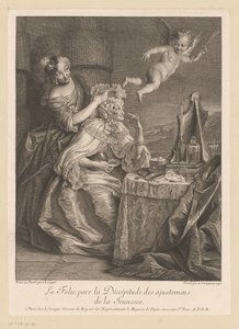 A senhora do tribunal ajuda a senhora idosa a camuflar sinais de velhice
La Folie pare la Décrépitude des ajustements de la Jeunesse (título sobre o objecto) de Louis Surugue