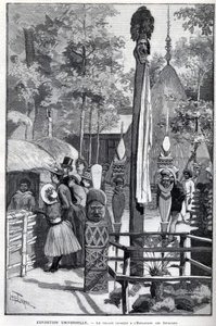 Exposição Universelle 1889 - A aldeia de canaque na Esplanada dos Inválidos (os canaques expostos durante a exposição: Zoo Humane). Desenho de Louis Tinayre (1861-1942) - em "O Mundo Ilustrado" de 22/07/1889. de Louis Tinayre