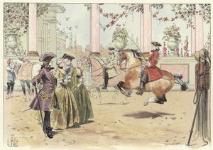 Um grupo de homens e mulheres assistindo a um desempenho equestre de Louis Vallet