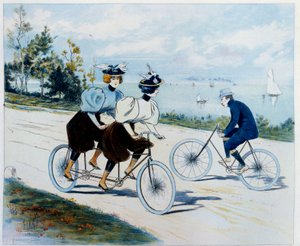 Passeio de domingo. Passeio de bicicleta: um homem de bicicleta olha para duas mulheres em tandem. Desenho de Louis Vallet (1856 -?)