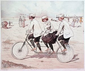 Tandem, três pessoas pedalando na praia - desenho de L. Vallet