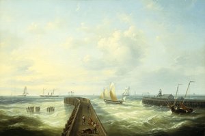 Barcos de pesca em um píer em Ostende, de Louis Verboeckhoven