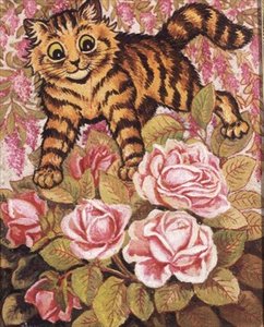 Um gatinho escondido numa mata rosa de Louis Wain