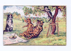 Um, vitoriano, cartão cumprimento, de, applea, queda, ligado, dois, gatos, em, um, piquenique, c.1880 de Louis Wain