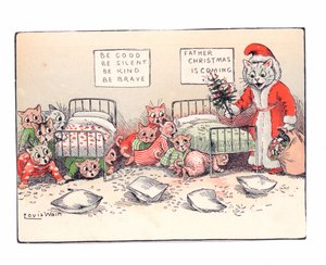 Um cartão vitoriano de gatinhos se encolhendo de medo com a visão de um gato vestido de Papai Noel, c.1880 de Louis Wain