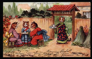 Animais em postura humana. Gato em quimono bebendo chá em um jardim japonês. Cartão postal. Chromolithograph by Louis Wain (1860-1939), um artista inglês conhecido por sua representação de gatos com olhos grandes. Início do século XX. Coleção pr de Louis Wain