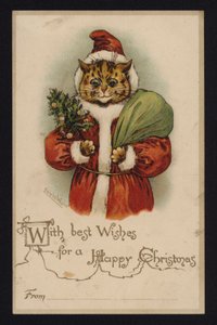 Gato como Papai Noel, cartão de boas festas de Natal (chromolitho) de Louis Wain