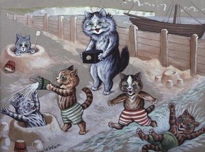 Gatos que tomam banho no mar de Louis Wain