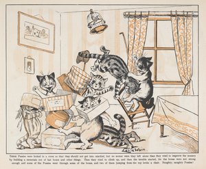 Gatos a brincar com caixas numa sala. de Louis Wain