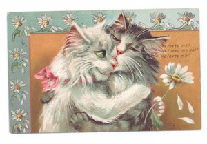 Cartão eduardiano de dois gatos abraçando uns aos outros, c.1910 de Louis Wain