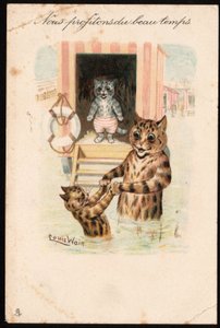 Nós gostamos do bom tempo. Animais em postura humana. Gatos a banharem-se no mar nas férias. Cartão postal. Chromolithograph by Louis Wain (1860-1939), artista inglês conhecido por sua representação de gatos com olhos grandes. Início do século XX. Coleira de Louis Wain