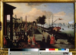 "O passeio à beira-mar" Vista de uma cidade provavelmente na Holanda. Pintura por Louis de Caulery (conhecido como o Mestre do Livro de Esboços de Leninegrado) (ca. 1580 - depois de 1621). Museu Radishchev do século XVII, Saratov, Rússia