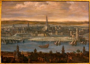 Vista de Sevilha - Pintura atribuída a Louis de Caulery (1580-1621), óleo sobre tela, início do século XVII - Museu de Belas Artes de Sevilha, Espanha