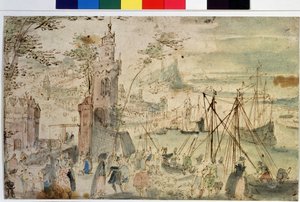 "Vista de um porto" porto holandês. Aguarela e caneta de Louis de Caulery (conhecido como o Mestre do Livro de Esboços de Leninegrado) (ca. 1580 - depois de 1621) Museu Pushkin do século XVII, Moscovo, Rússia