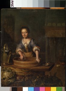 "Um jovem cozinheiro numa cozinha campestre, preparando couve. Pintura de Louis de Moni (1698-1771) Mikalojus Konstantinas Ciurlionis Museum of Fine Arts, Kaunas, Lituânia de Louis de Moni