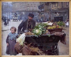 O comerciante das quatro estações em Paris. Atrás dele, o Hotel du Louvre (1º arrondissement) Pintura de Louis Marie de Schryver (1862-1942), óleo sobre tela