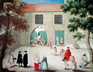 Assistência aos pobres em frente à abadia de Port-Royal des Champes, de Louise-Magdeleine Hortemels (1688-1767), gouache, França