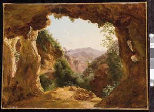 Uma caverna em uma paisagem rochosa (óleo sobre papel montado na tela)