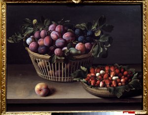 Um pêssego, morangos e uma cesta de frutas Pintura de Louise Moillon (1610-1696) Toulouse do século XVII, Musee des Augustins