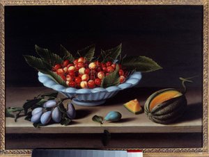 Taça de cerejas, ameixas e melão Pintura por Louise Moillon (1610-1696) 1633 Sol. 0,48x0,65 m