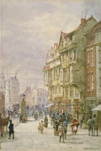 Vista leste ao longo de Holborn com figuras e veículos puxados por cavalos na rua, Londres, 1875 de Louise Rayner