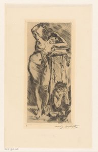 Nu feminino com leque na mão e uma figura agachada à direita de Lovis Corinth (signed by artist)