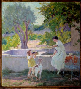 Madame Prat e sua filha no jardim com o cabrito Pintura de Joseph Loys Prat (1879-1934), século XX. Presidente da Câmara de Donzere.