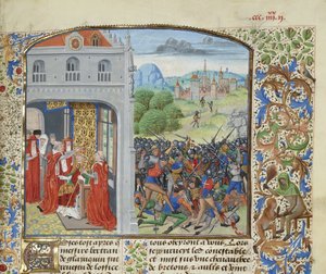A coroação do Papa Gregório XI e a Batalha de Pontvallain, 1370, ca 1470-1475. de Loyset Liedet