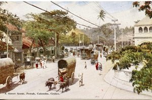 Uma cena de rua, Pettah, Colombo, Ceilão, c.1900-20 (fotografia colorida à mão)