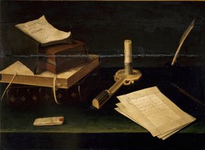 Natureza Morta de Livros, Pena, Carta e Pintura de Velas de Lubin Baugin (1610-1663) Século XVII Roma Galleria Spada