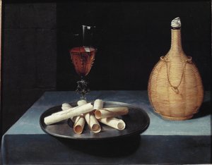 A sobremesa de bolachas, garrafa de vinho e copo - óleo sobre tela