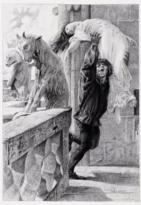 Quasimodo capaz de conduzir Esmeralda - em "Notre Dame de Paris" de Victor Hugo de Luc Olivier Merson, gravado por Gery Bichard, ed. E. Testard, Paris