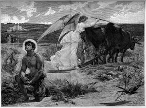 Santo Isidoro, patrono dos lavradores. Um anjo ajuda São Isidoro a arar um campo com um arado. Século XIX. Gravura depois da pintura de Luc Olivier Merson (1846-1920). Em "O Mundo Ilustrado" n°1294 de 21 de janeiro
