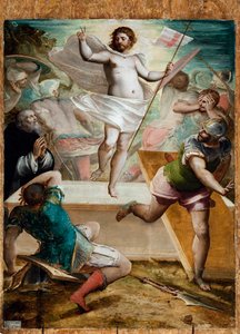 Ressurreição, Jesus segura uma cruz de pau no final da qual flutua uma marca padrão de uma cruz vermelha (Pintura