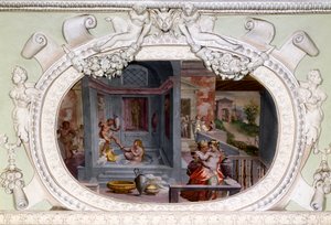 Cenas de banho, sedução. Fresco por Luca Cambiaso (1527-1585) de Luca Cambiaso