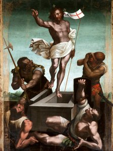 A ressurreição Jesus Cristo segura uma vara cruz no final da qual flutua uma bandeira branca (padrão) ataca com uma cruz vermelha. Pintura sobre madeira de Luca Cambiaso (1527-1585) Taggia do século XVI, Santuario della Madonna miracolosa