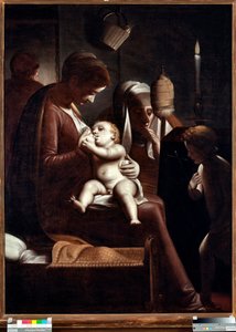 Virgem e Criança com São João Batista ou "Virgem uma vela" ou "Sagrada Família com Santa Ana e São João Batista" (Virgem com uma vela) Pintura de Luca Cambiaso (1527-1585) de Luca Cambiaso