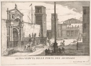 Ilustração 63: Vista do portão do complexo naval e arsenal Arsenale, Veneza, 1703, fr ..., 1703. de Luca Carlevarijs