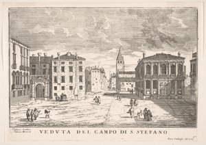 Ilustração 95: Vista do Campo Santo Stefano com o Palácio Loredan e o Palácio Morosini, Veneza ..., 1703. de Luca Carlevarijs