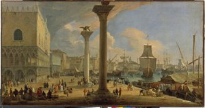 O Molo e o Palácio Ducal (Veneza, Itália) - Pintura de Luca Carlevaris (1663-1730), óleo sobre tela, cerca de 1710, 64x121 cm - O Molo com o Palácio Ducal, Óleo sobre tela de Luca Carlevaris - State Hermitage, St -Petersburgo