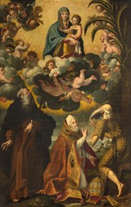 Altar de Santo António, Nossa Senhora e Criança com Santo António Abade Paulo Eremita e Papa Gregório XIV, Lucas Cattapane 1593 de Luca Cattapane