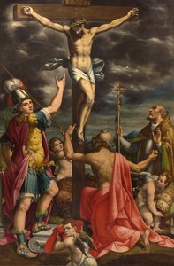 Altar de San Fermo, Crucificação com Santos Fermo Jerônimo e Papa Gregório XIV, Luca Cattapane 1593 de Luca Cattapane
