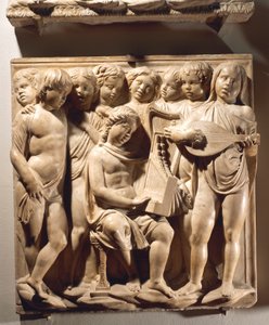 Laudate Eum in chordis et organo (Salmo 150, Laudate Dominum), painel com meninos cantando com órgão, harpa e alaúde