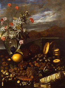 Natureza morta com frutos secos, flores e paisagem, por Luca Forte (1610-1670) de Luca Forte
