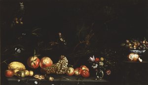 Natureza morta com frutas, flores, um falcão e um pintassilgo, 1620-30 de Luca Forte