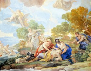 Morte de Adónis, detalhe do ciclo de afrescos no Salão dos Espelhos por Luca Giordano (1634-1705), fresco, Palazzo Medici Riccardi, Florença de Luca Giordano
